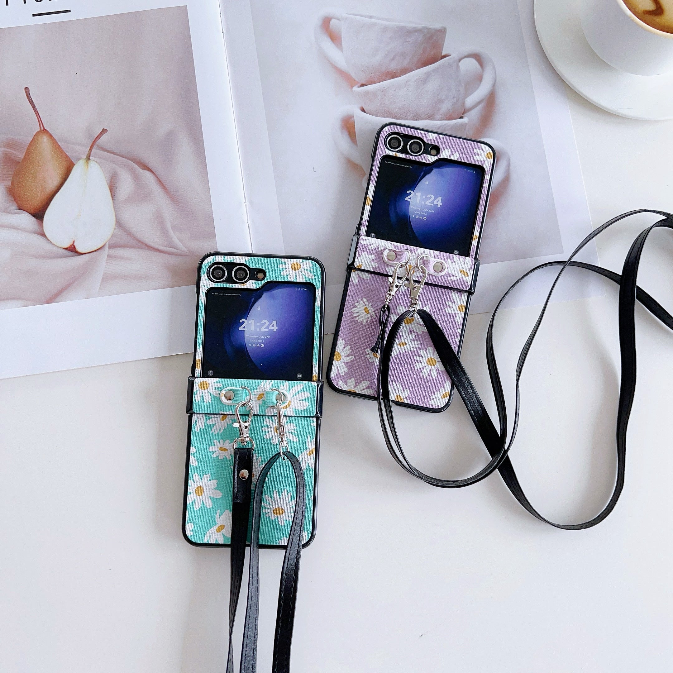 For Samsung Galaxy Z Flip6 5G Chrysanthemum Pattern PU Leather + PC Phone Cover with Crossbody Strap - Blue For Samsung Galaxy Z Flip6 5G Chrysanthemum Pattern PU Leather + PC Phone Cover with Crossbody Strap - Blue